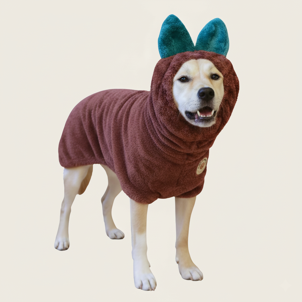 Labrador wearing fig brown Derpy Chappy microfiber dog bathrobe with elastic hooded headband