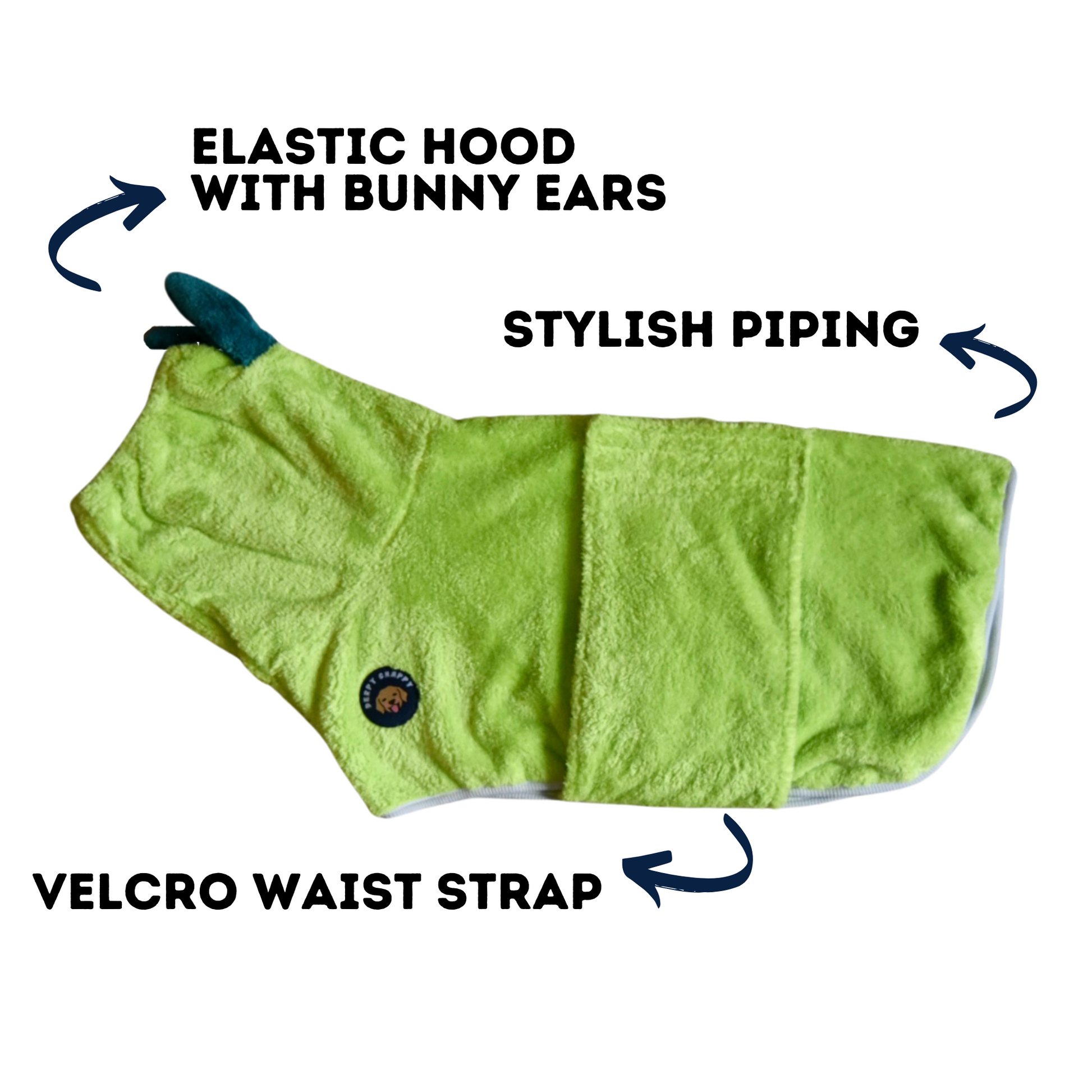 Flat lay of Derpy Chappy lime dog bathrobe – elastic bunny ear hood, velcro waist strap, and stylish piping
