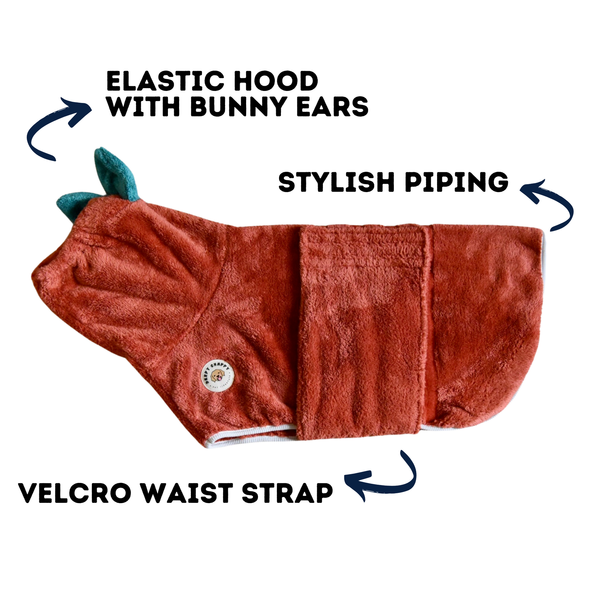 Flat lay of Derpy Chappy tomato dog bathrobe – elastic bunny ear hood, velcro waist strap, and stylish piping