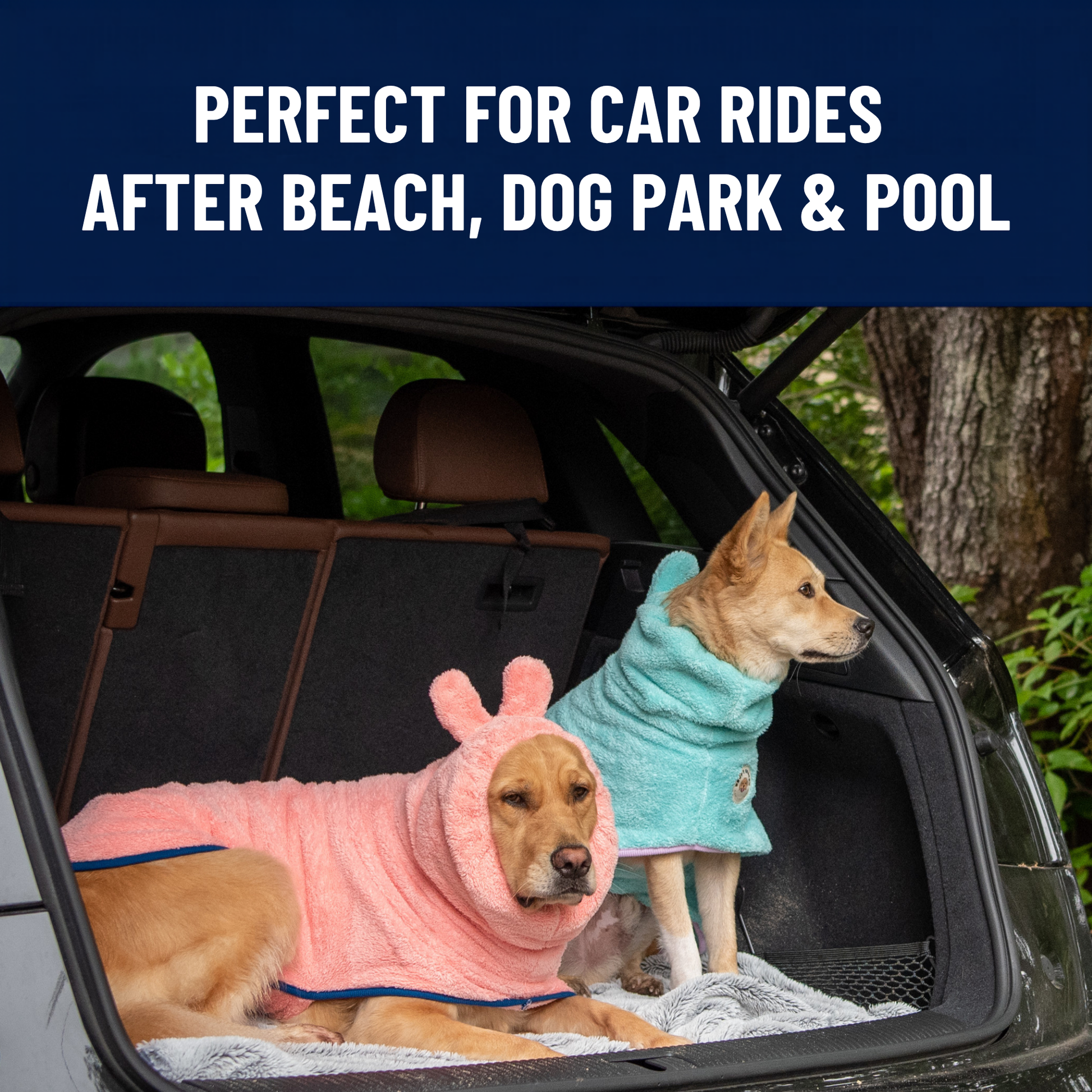 Two dogs wearing Derpy Chappy microfiber dog bathrobes in car trunk – perfect after beach, dog park, and pool
