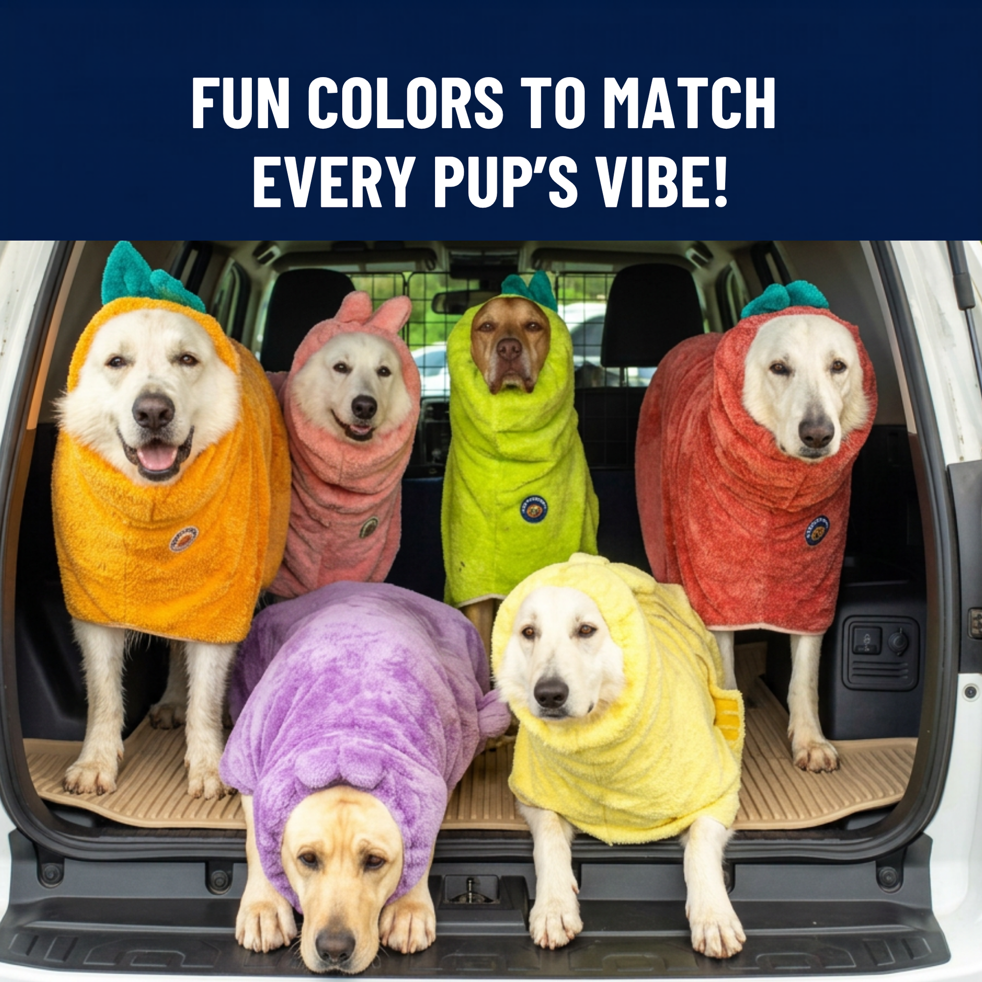 Five dogs wearing Derpy Chappy microfiber dog bathrobes in fun colors – orange, pink, lime, tomato, purple, and yellow
