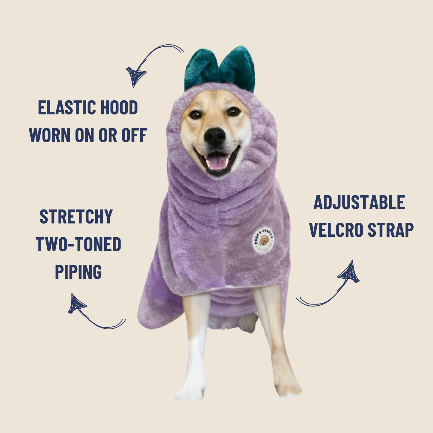 Microfiber dog bathrobe features: elastic hood worn on or off, stretchy two-toned piping, adjustable velcro strap
