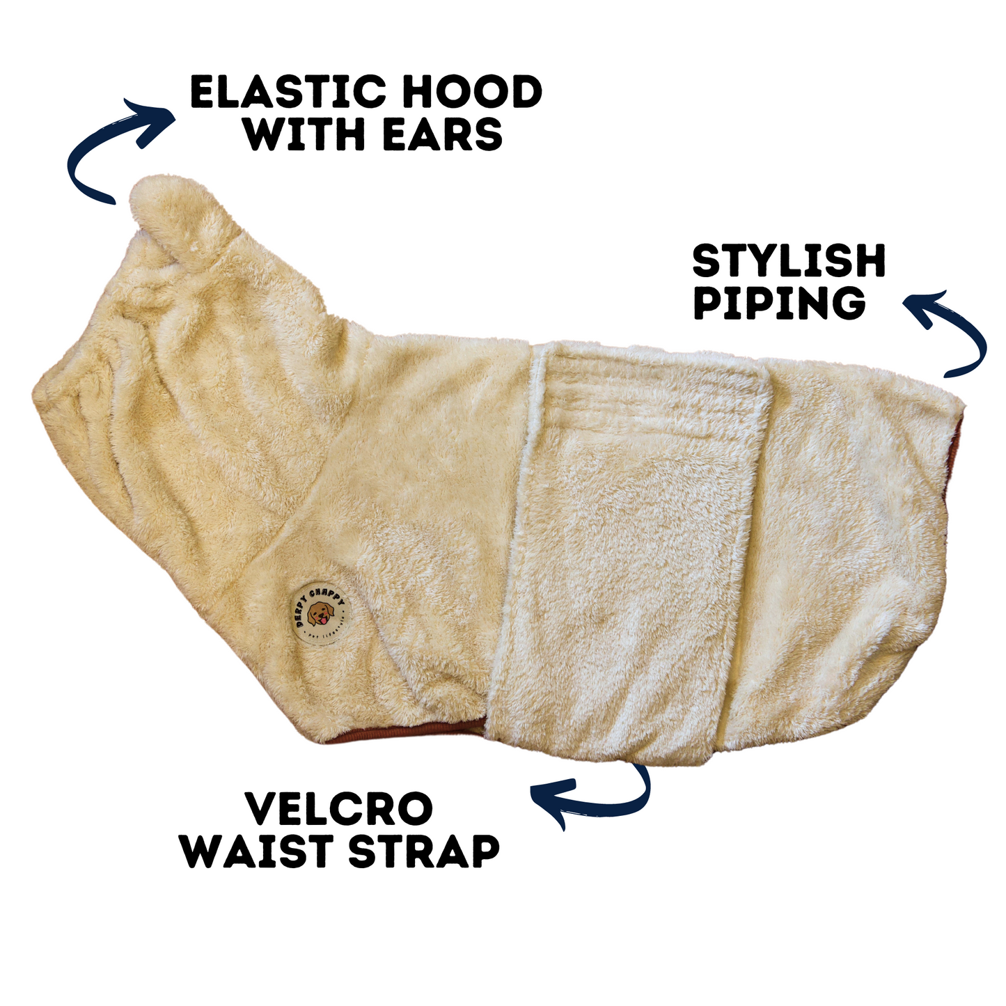Flat lay of Derpy Chappy beige dog bathrobe – elastic bunny ear hood, velcro waist strap, and stylish piping