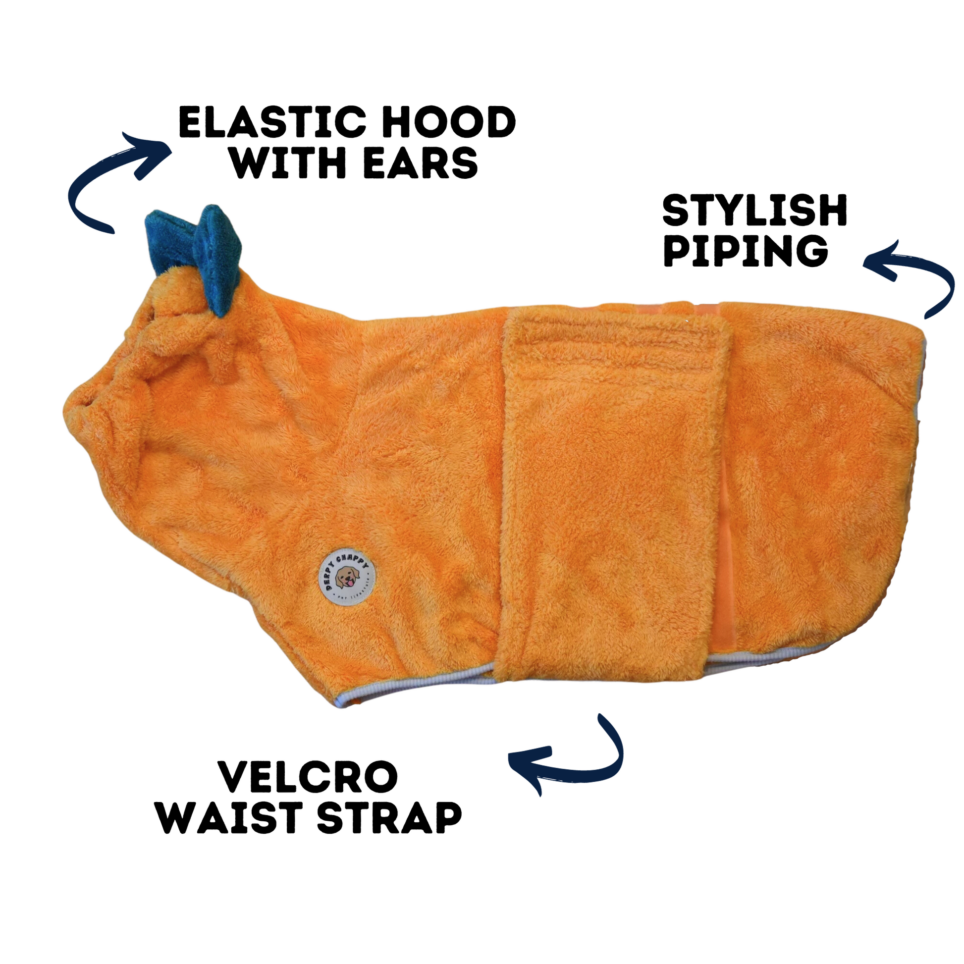 Flat lay of Derpy Chappy orange mango dog bathrobe – elastic bunny ear hood, velcro waist strap, and stylish piping