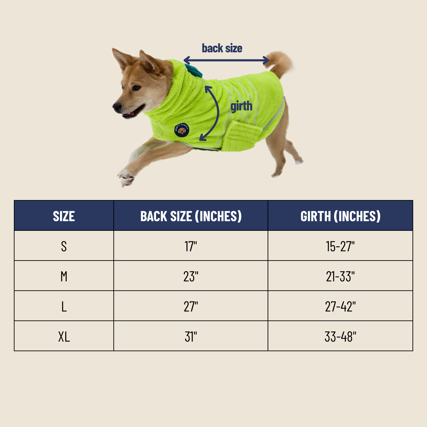 Microfiber dog bathrobe size guide with measurements: S (17" back, 15-27" girth), M (23", 21-33"), L (27", 27-42"), XL (31", 33-48")
