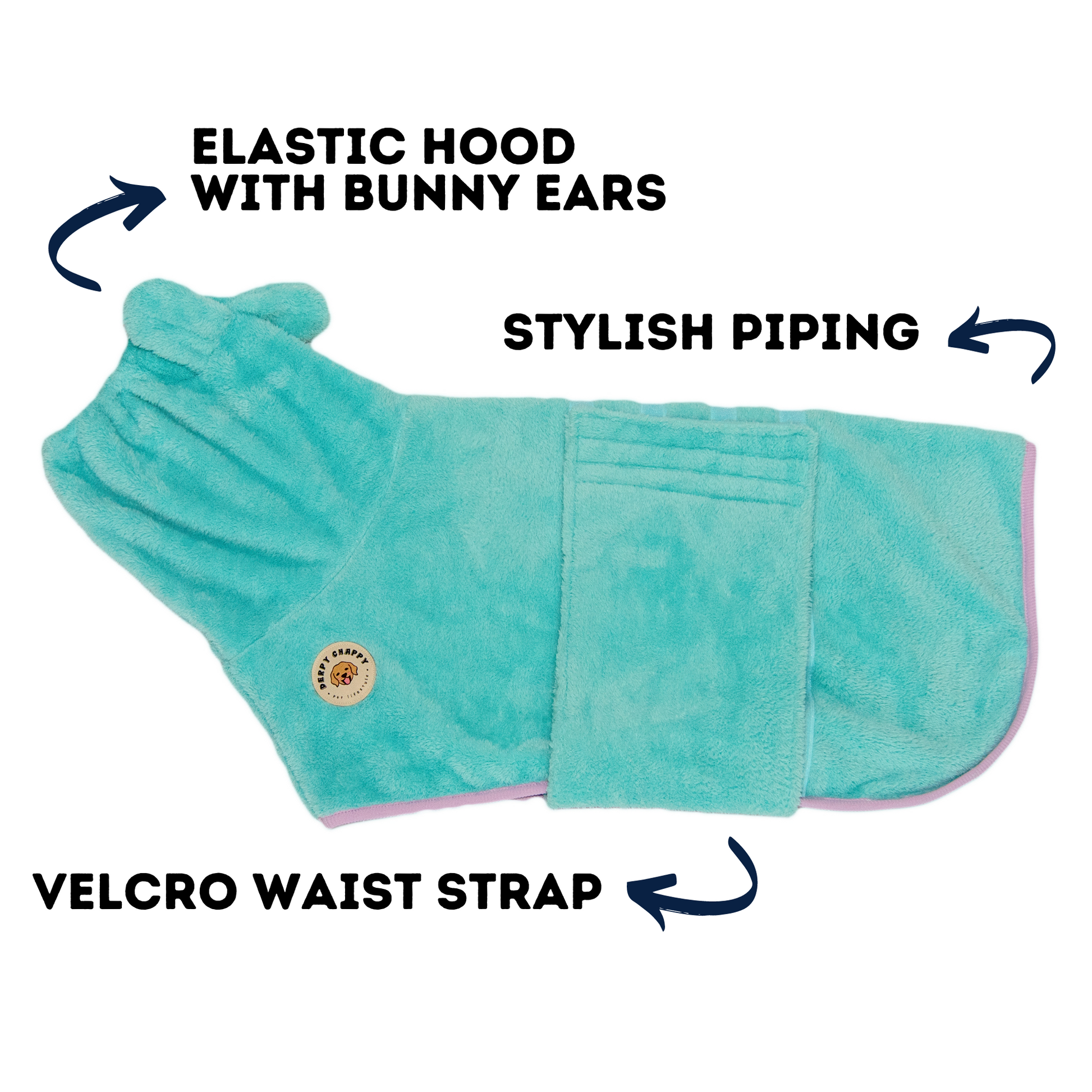 Flat lay of Derpy Chappy mint dog bathrobe – elastic bunny ear hood, velcro waist strap, and stylish piping