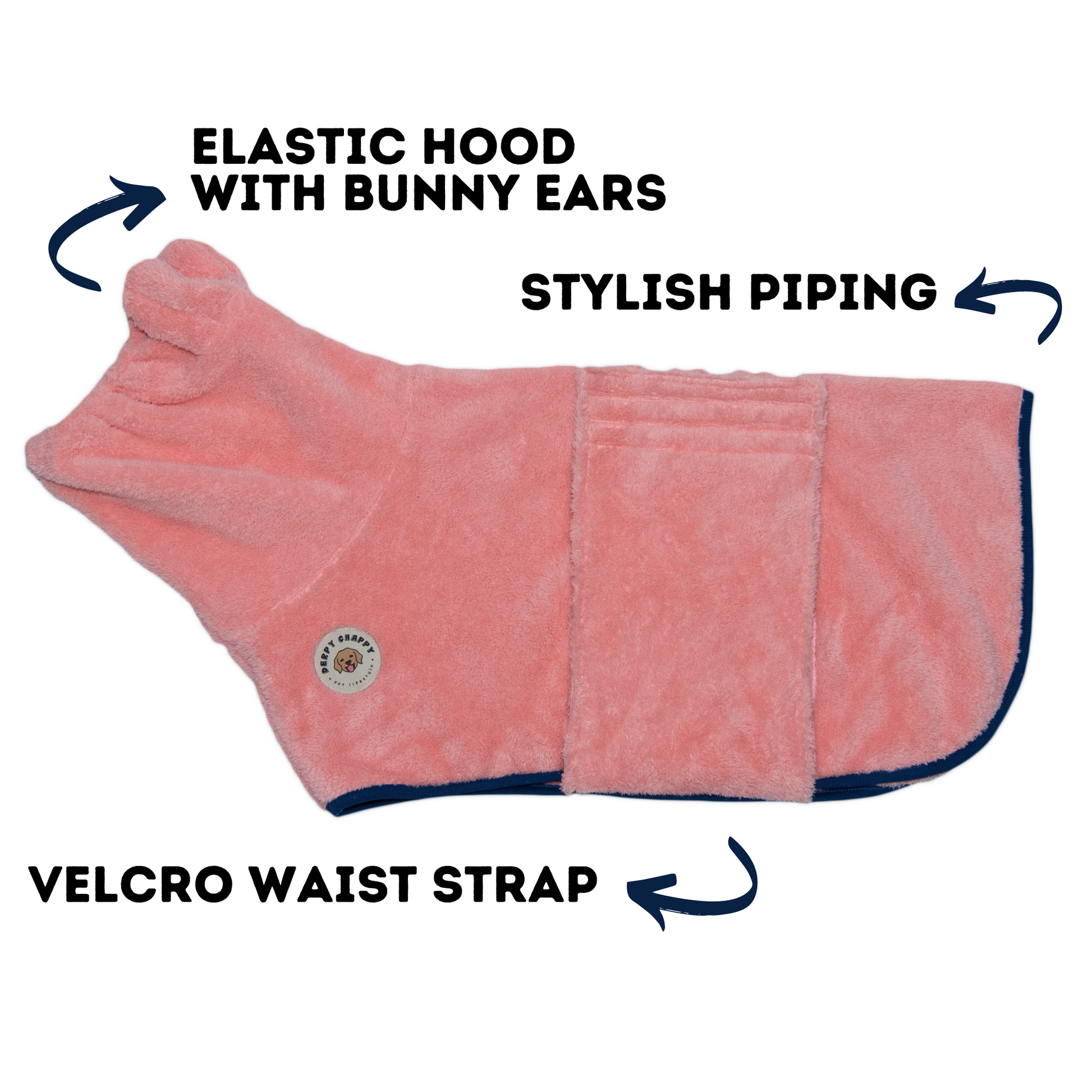 Flat lay of Derpy Chappy pink dog bathrobe – elastic bunny ear hood, velcro waist strap, and stylish piping