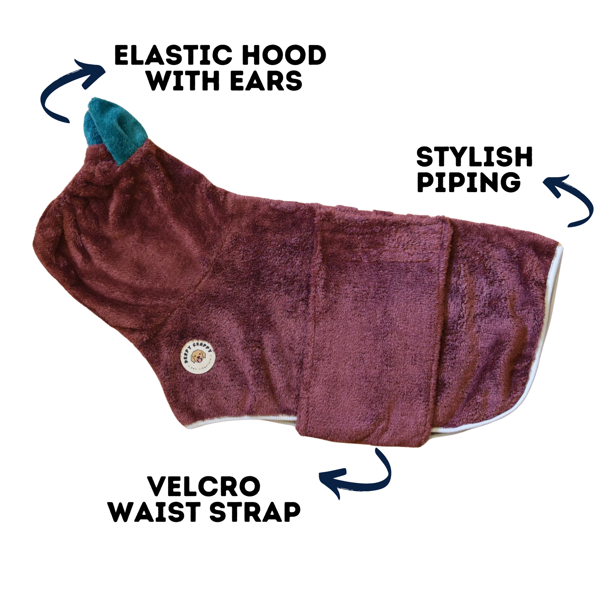 Flat lay of Derpy Chappy purple fig dog bathrobe – elastic bunny ear hood, velcro waist strap, and stylish piping