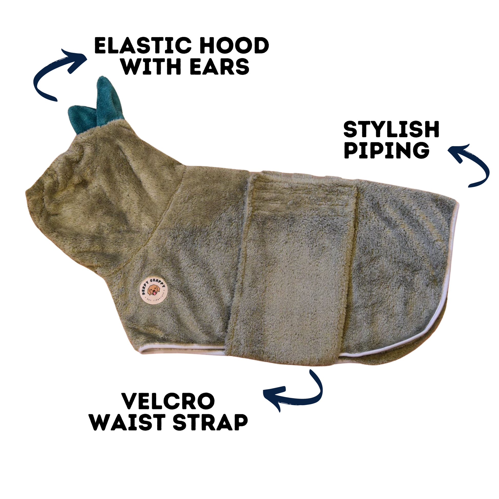 Flat lay of Derpy Chappy olive dog bathrobe – elastic bunny ear hood, velcro waist strap, and stylish piping