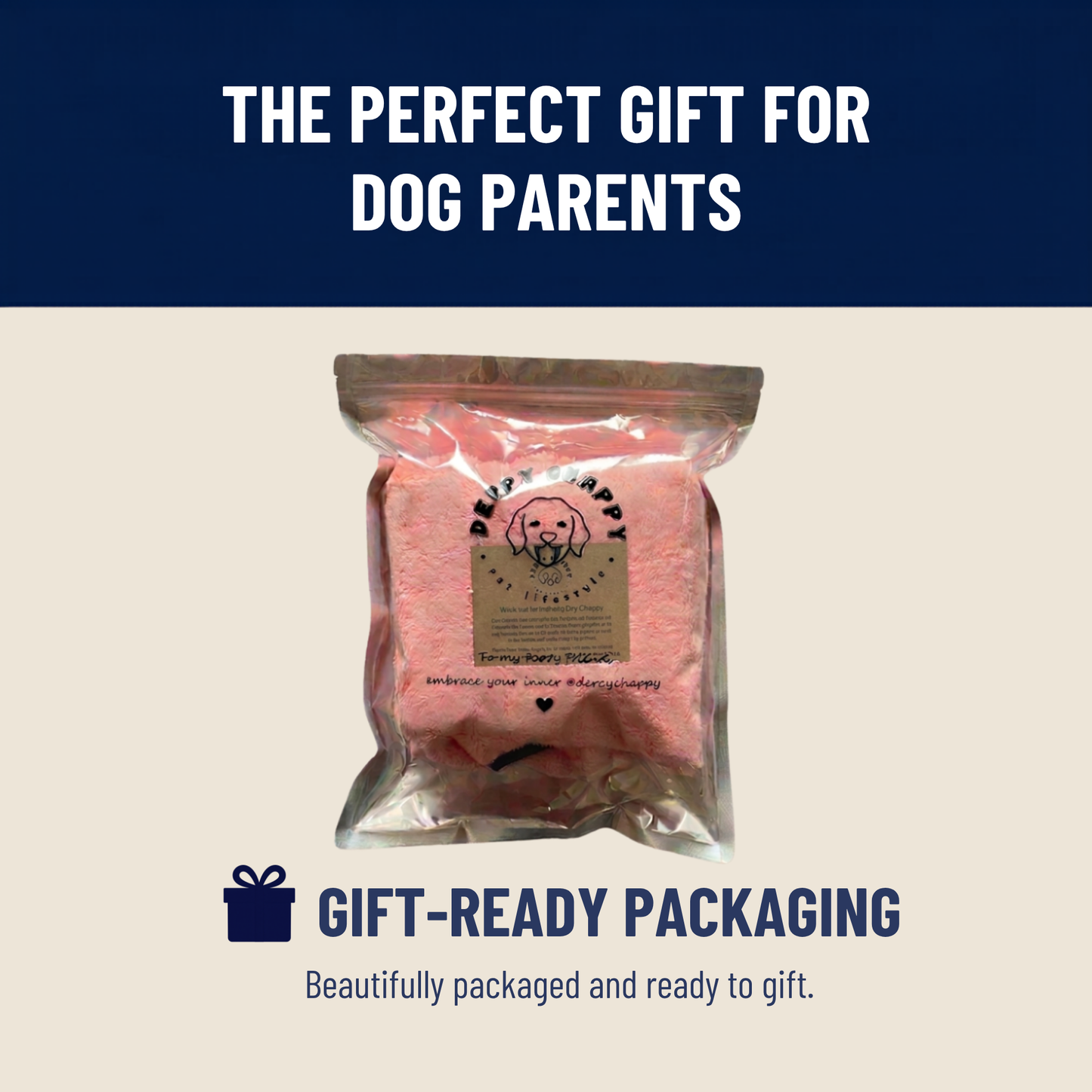 Derpy Chappy premium dog bathrobe in gift-ready packaging – the perfect gift for dog parents
