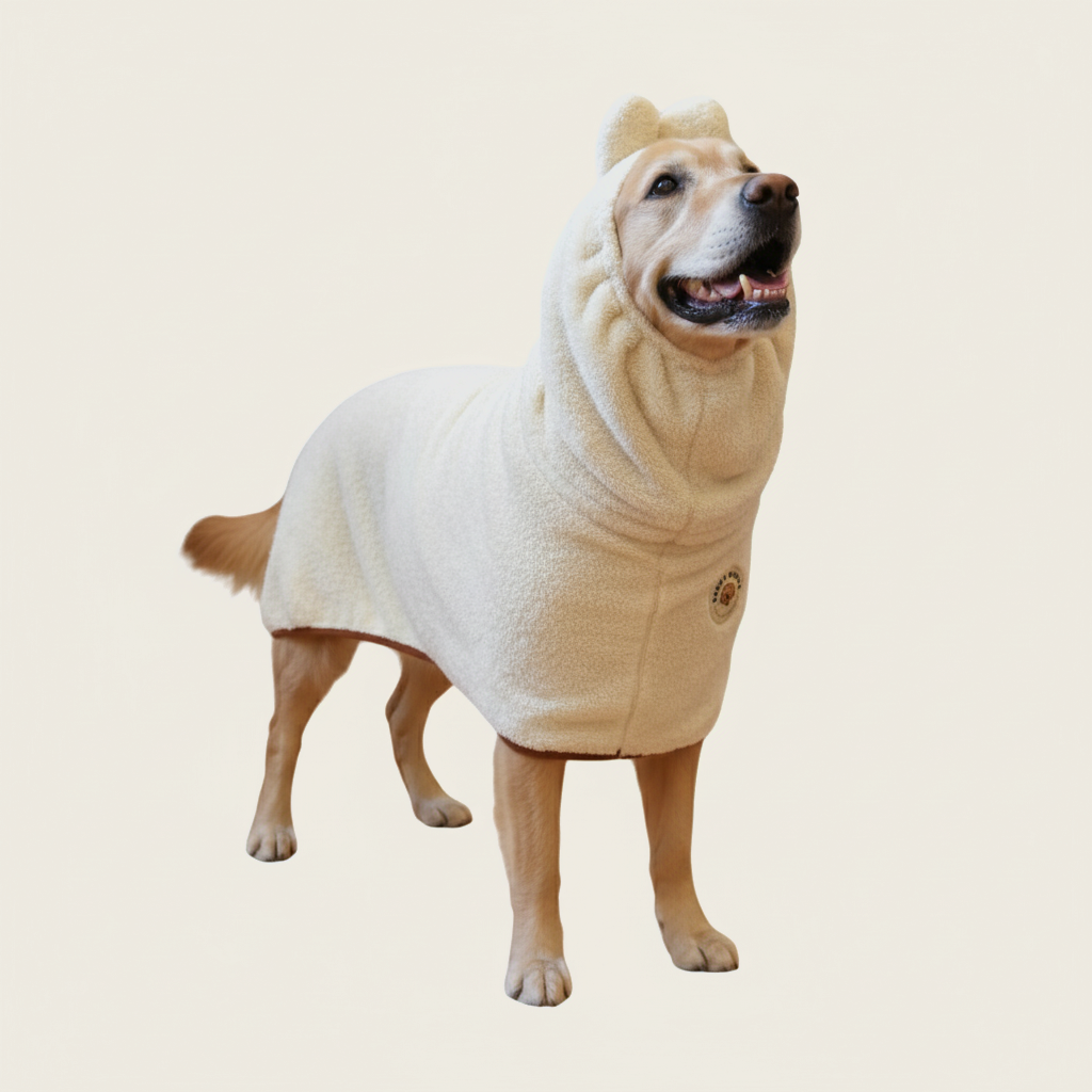 Labrador wearing beige Derpy Chappy microfiber dog bathrobe with elastic hooded headband
