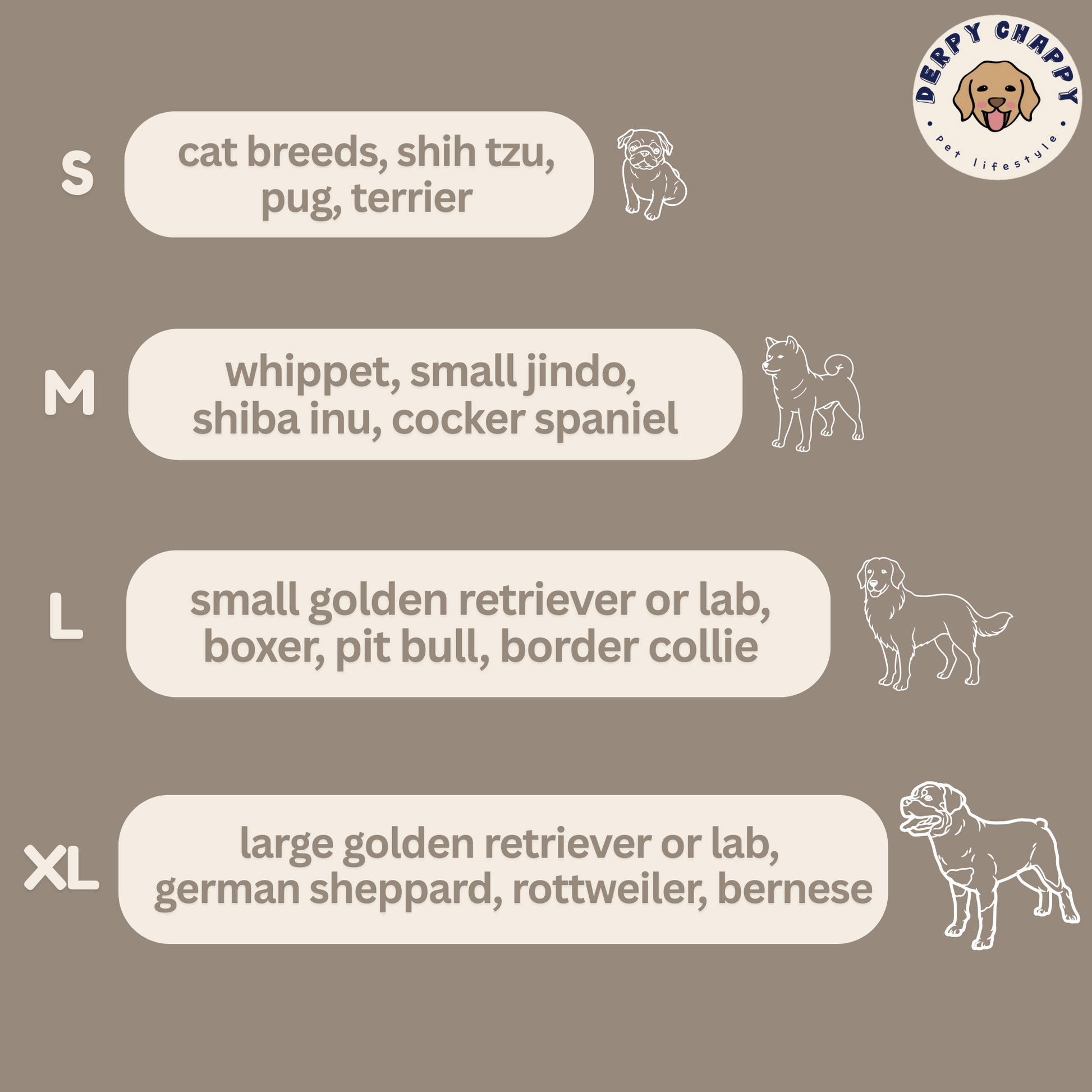 Dog bathrobe size chart for small to XL breeds – includes breed examples like Shih Tzu, Shiba Inu, Golden Retriever, and Rottweiler. Derpy Chappy logo included.