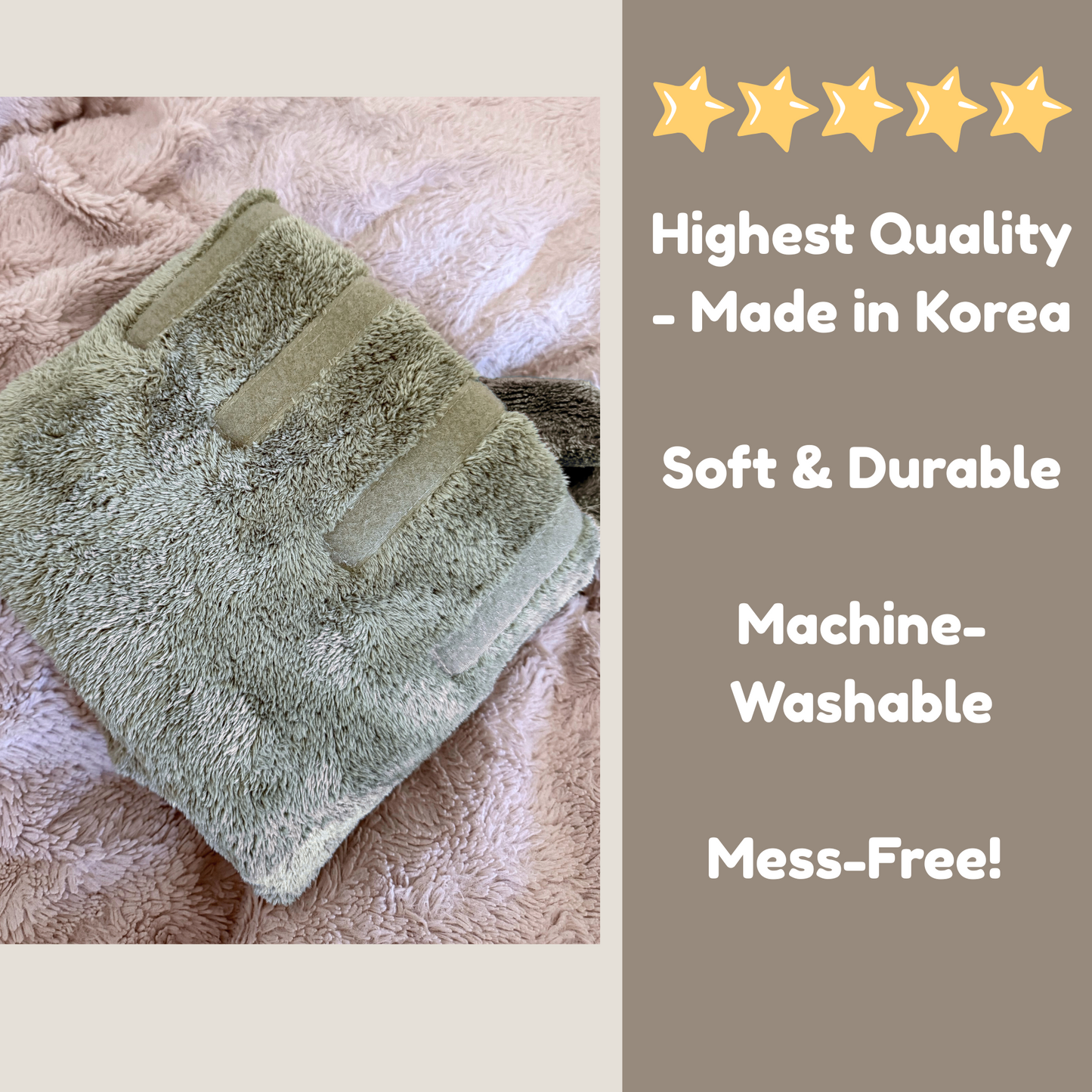 Close-up of folded green Derpy Chappy dog bathrobe – soft microfiber, machine-washable, made in Korea, mess-free design