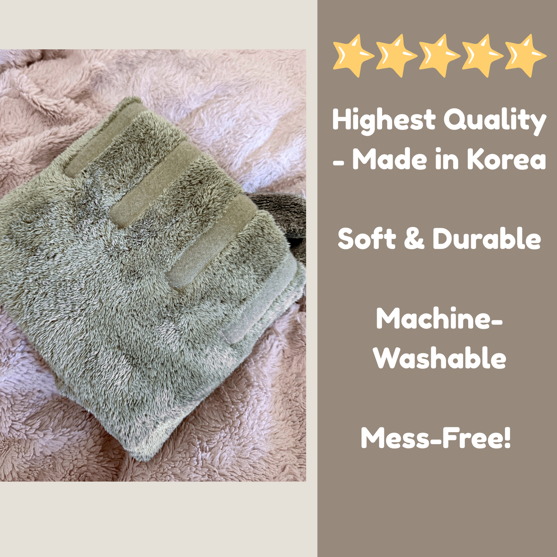 Close-up of folded green Derpy Chappy dog bathrobe – soft microfiber, machine-washable, made in Korea, mess-free design