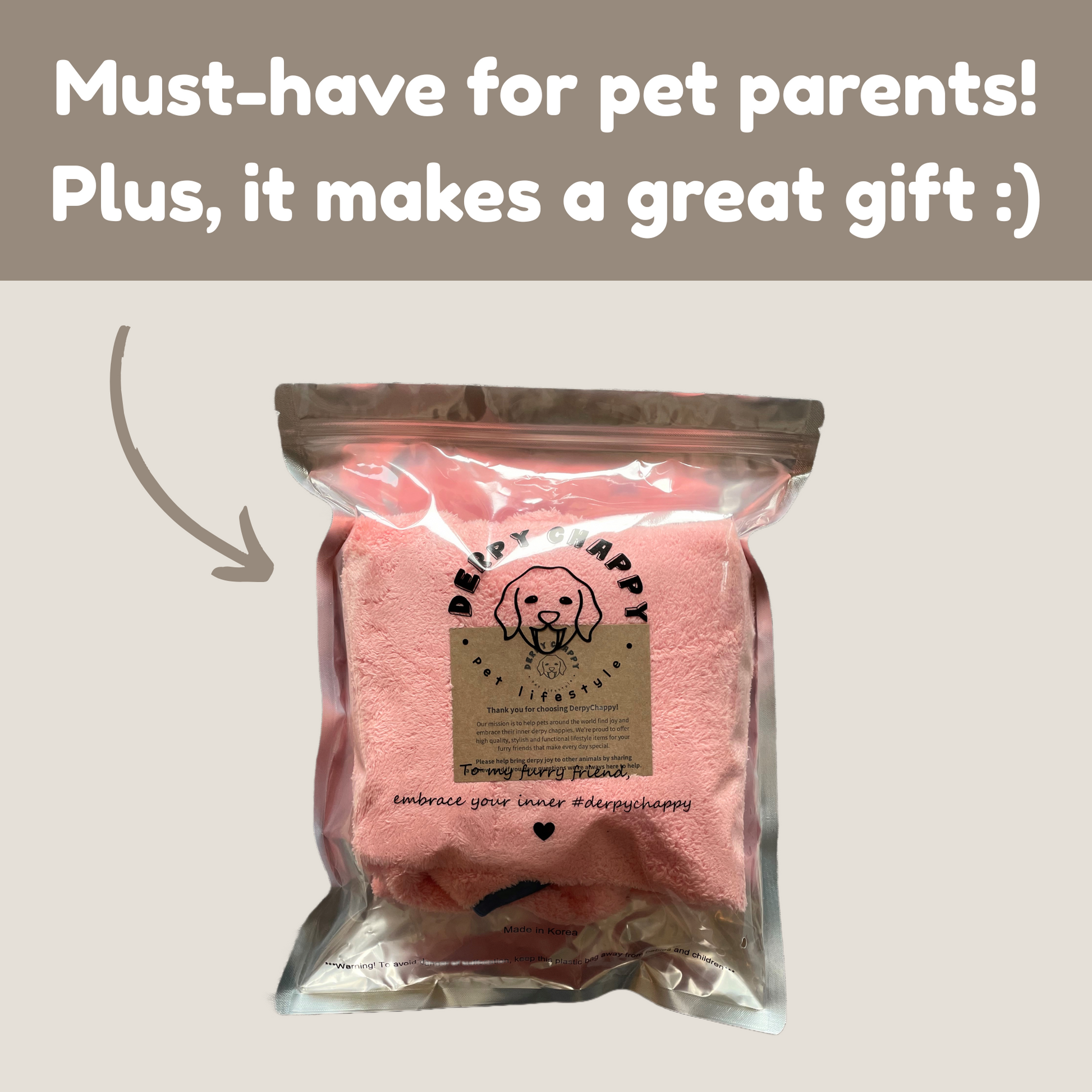 Derpy Chappy pink dog bathrobe in branded gift-ready packaging – perfect gift for dog owners and pet lovers
