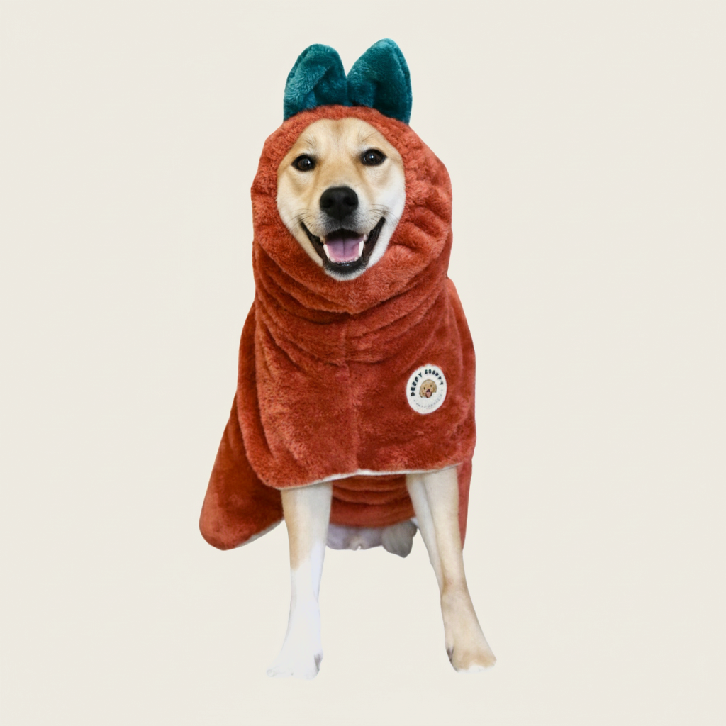 Shiba Inu wearing tomato red Derpy Chappy microfiber dog bathrobe with elastic hooded headband
