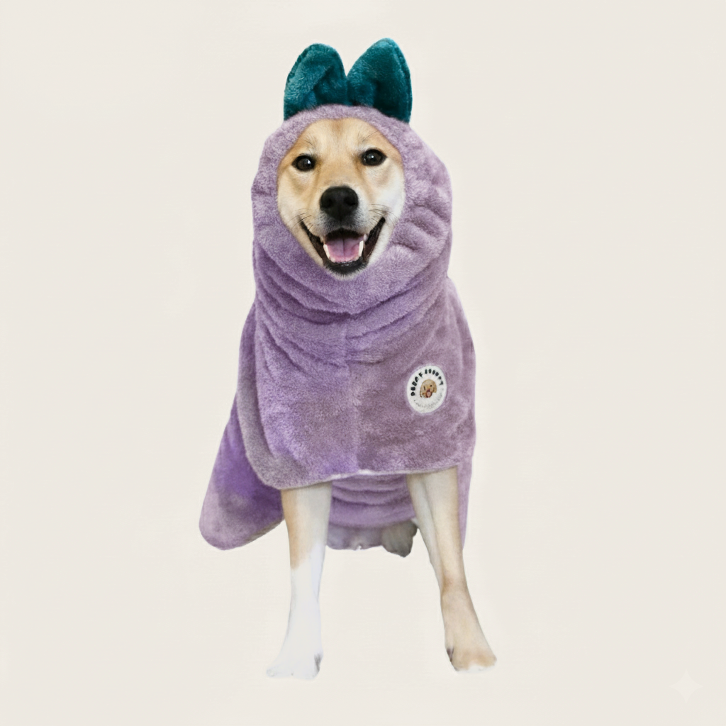 Shiba Inu wearing lavender Derpy Chappy microfiber dog bathrobe with elastic hooded headband
