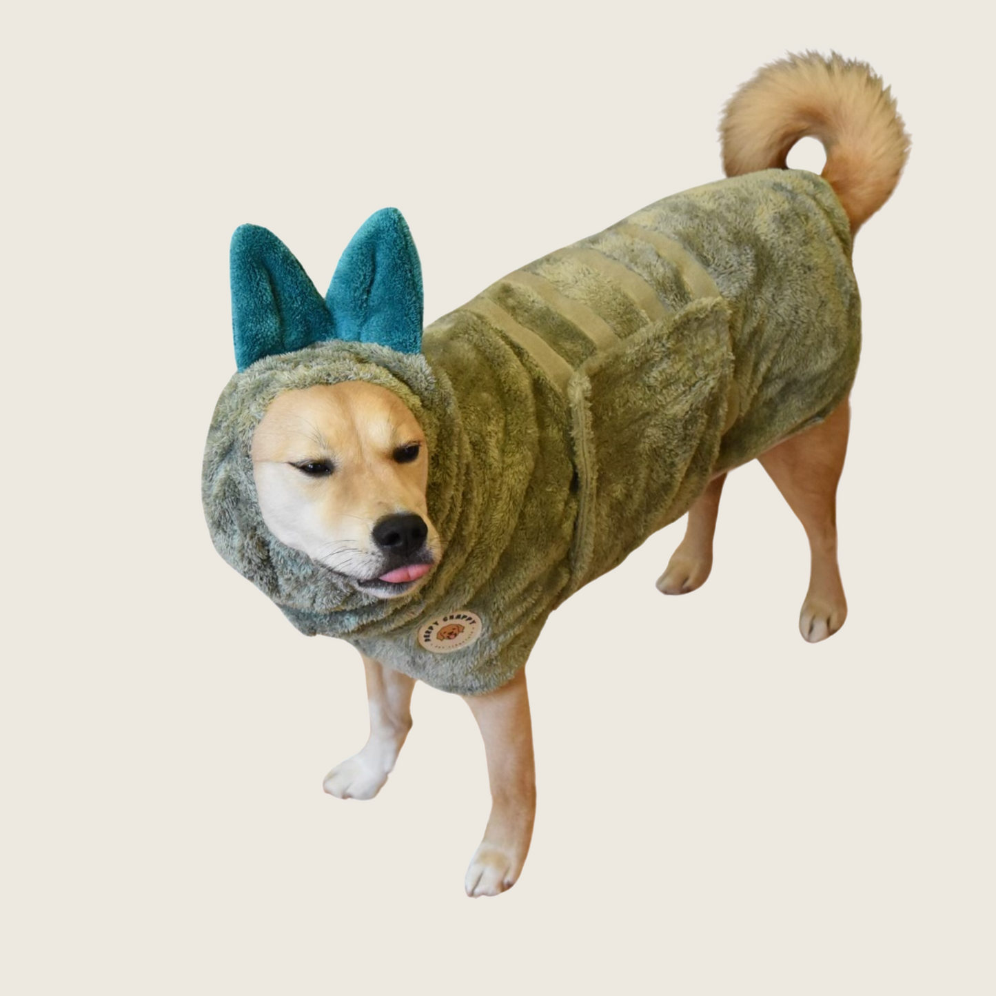 Shiba Inu wearing olive green Derpy Chappy microfiber dog bathrobe with elastic hooded headband
