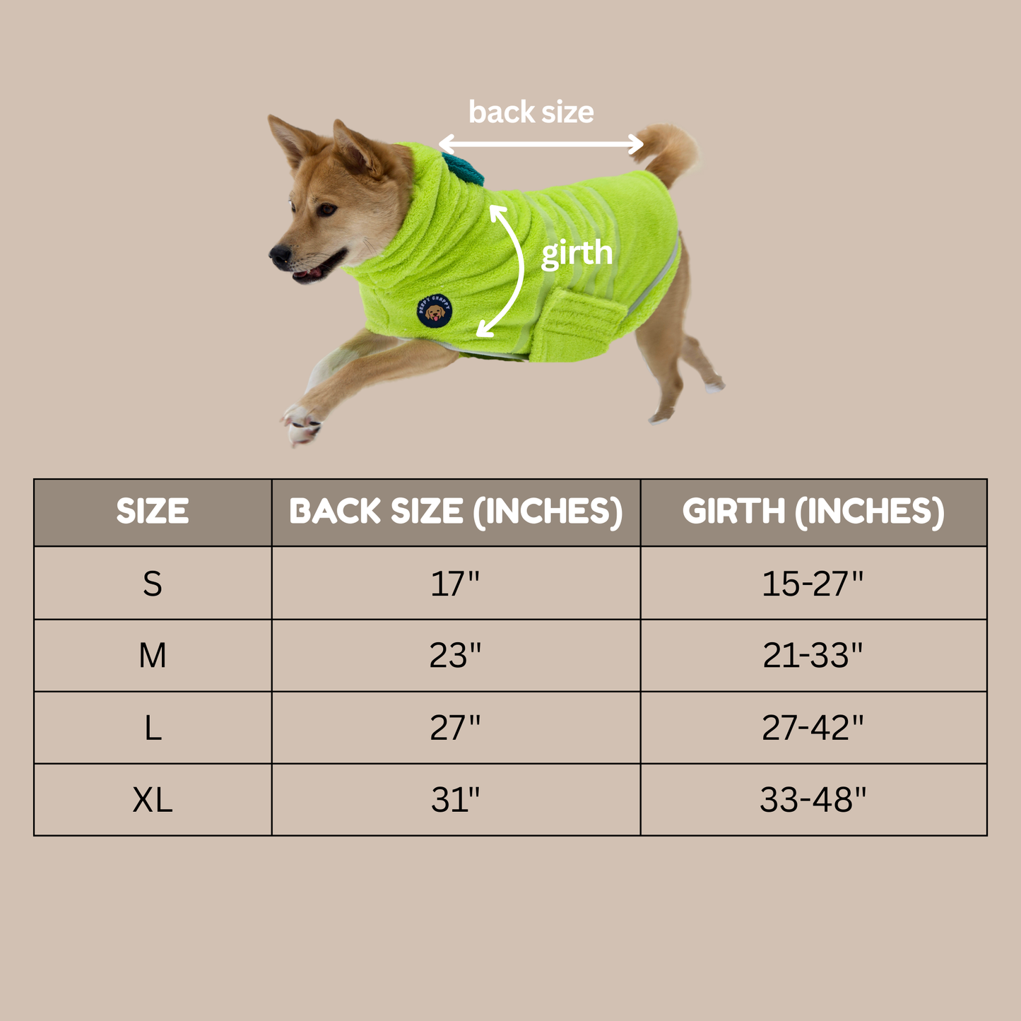 Dog bathrobe size chart with back and girth measurements – Derpy Chappy sizing guide showing S to XL with visual fit example on a running dog in green robe